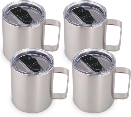 Volhoply 14oz Insulated Stainless Steel Coffee Mug with Lid Bulk 4 Pack,Double Wall Vacuum Travel Coffee Cup with Handle,Reusable Metal Cups Tumbler,Camping Mugs Keep Hot,Ideal Gifts(Silver,4)