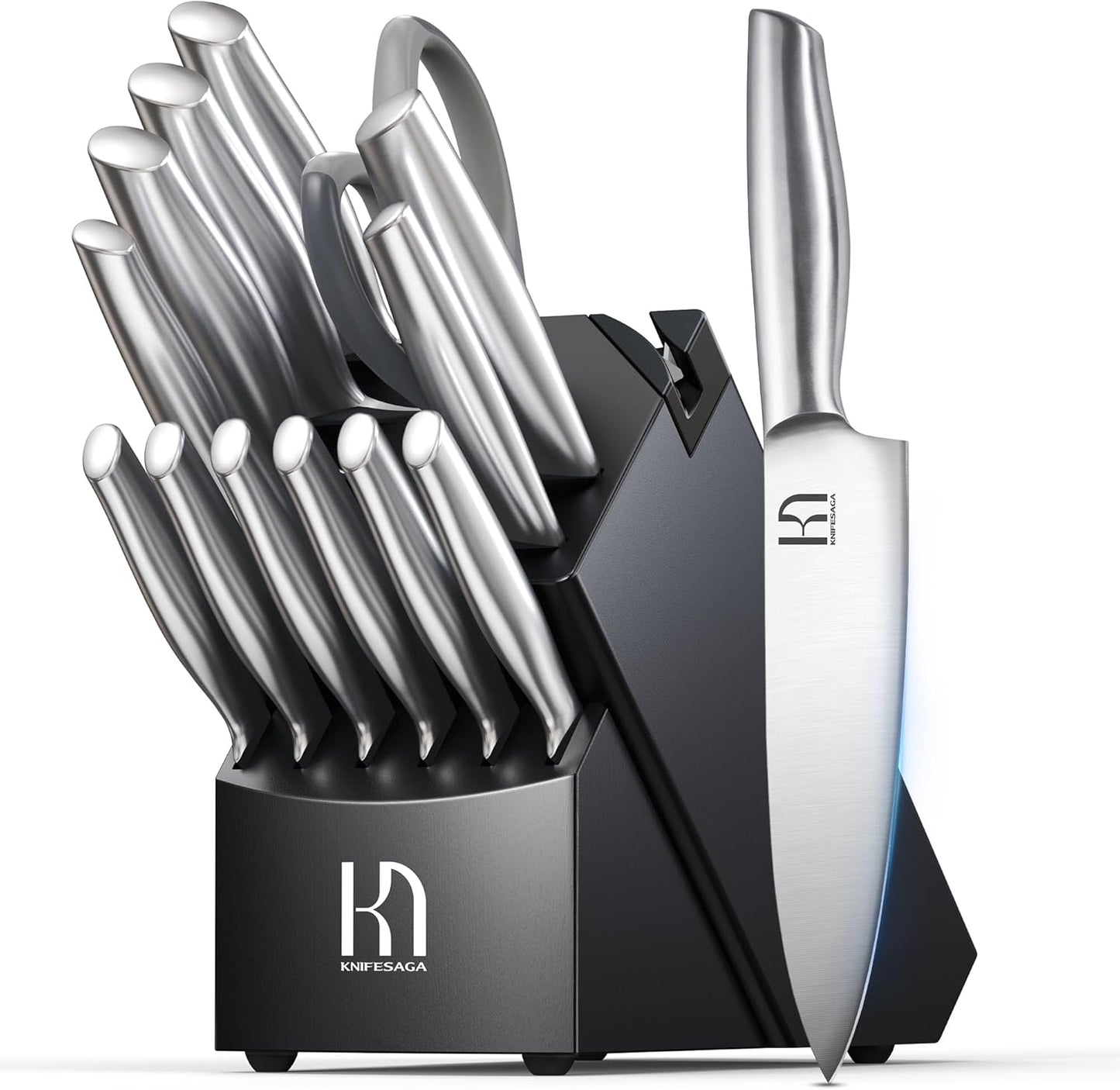 Knife Set Premium, Japanese 14 Pcs Kitchen Knife Block Set Enduring Razor Sharp High Carbon Stainless Steel, Black Chef Knives Set with Built-in Sharpener and Quality Acacia Wood Block