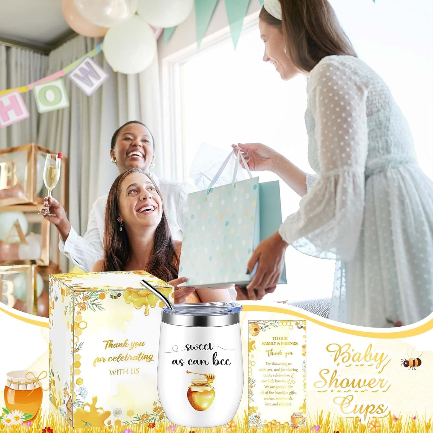 Hoolerry 6 Set Baby Shower Game Prizes for Guests Winners 12 oz Insulated Stainless Steel Tumbler Cup with Lids, Straws, Cleaning Brush, Cards & Boxes Return Gifts(Yellow,Bee Honey)