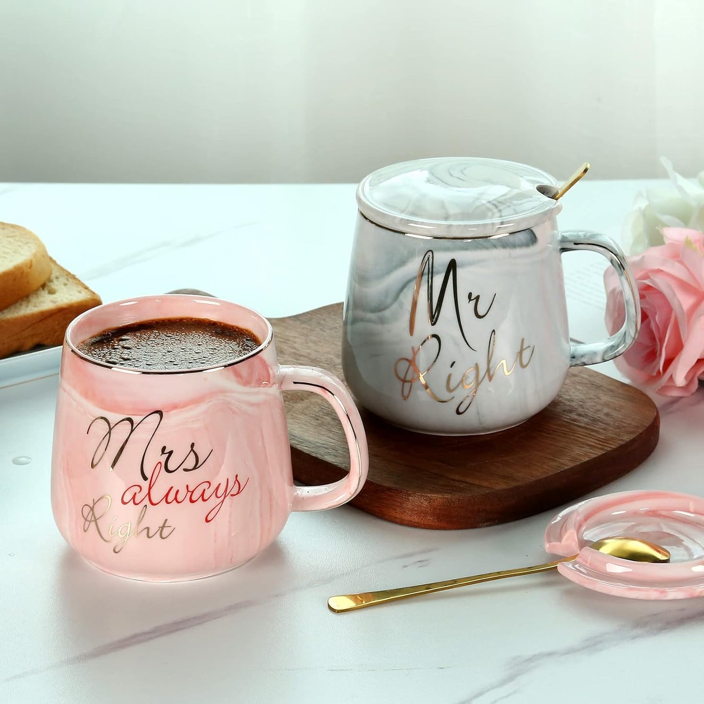 Mr Right Mrs Always Right Couple Coffee Mugs- Wedding Gifts Bridal Shower Anniversary Engagement Gifts for Couple - Bride and Groom Newlyweds Married Couples Ceramic Marble Mugs Set (13.2 oz )