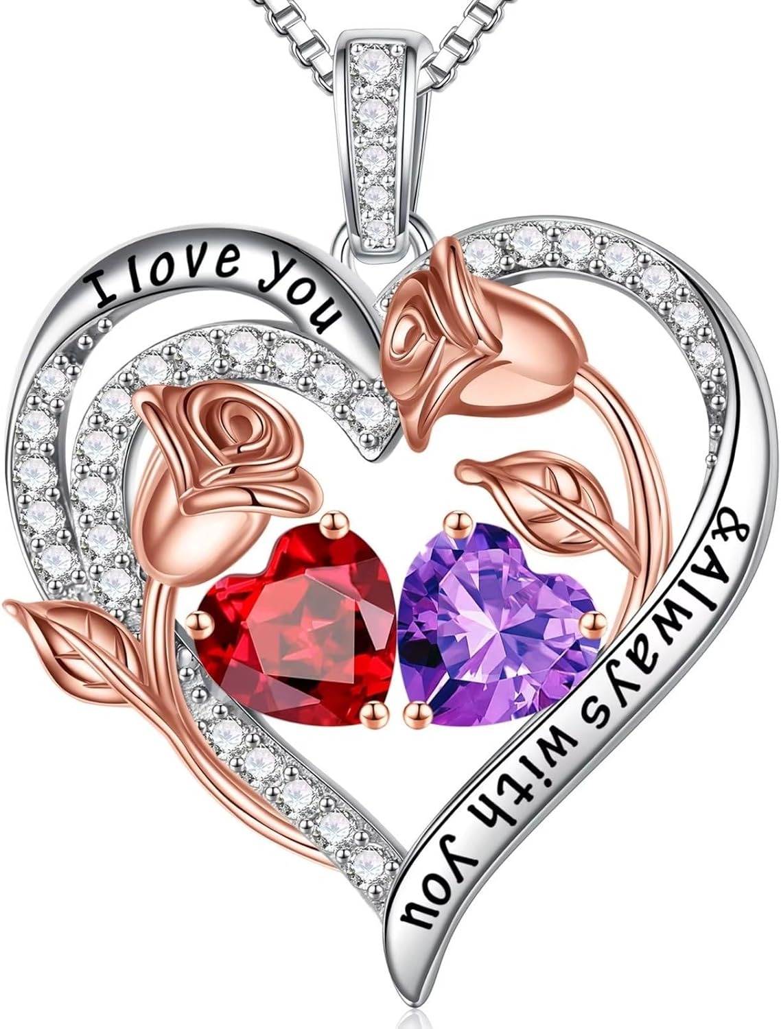 Iefil Birthstone Necklace for Women - 925 Sterling Silver Rose Heart Birthstone Necklace Birthday Anniversary Jewelry Gifts for Her Wife Mom Daughter