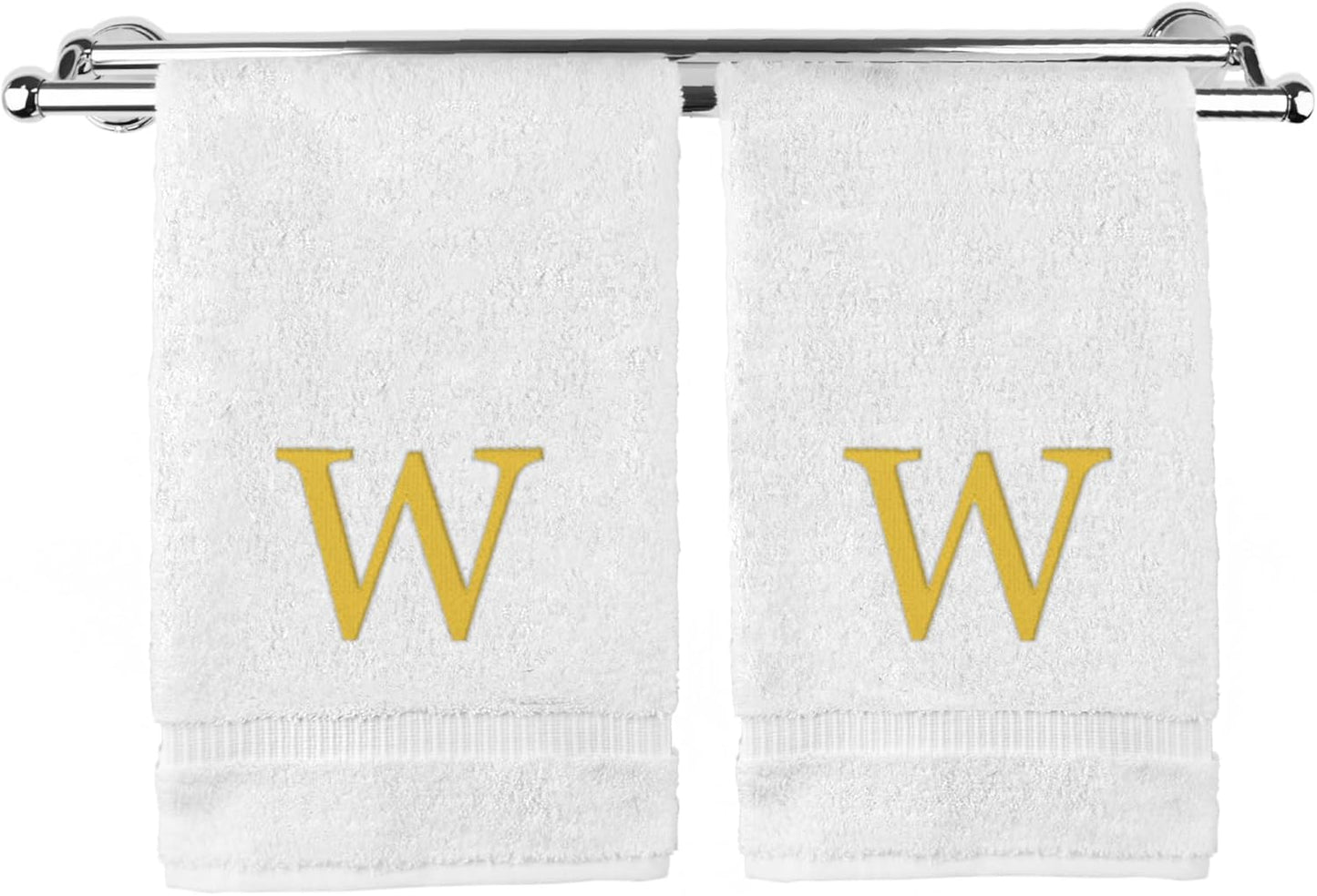 Monogrammed Hand Towel, Personalized Gift, Set of 2- Gold Block Letter Embroidered Towel - Extra Absorbent 100% Turkish Cotton - Soft Terry Finish - Initial W White
