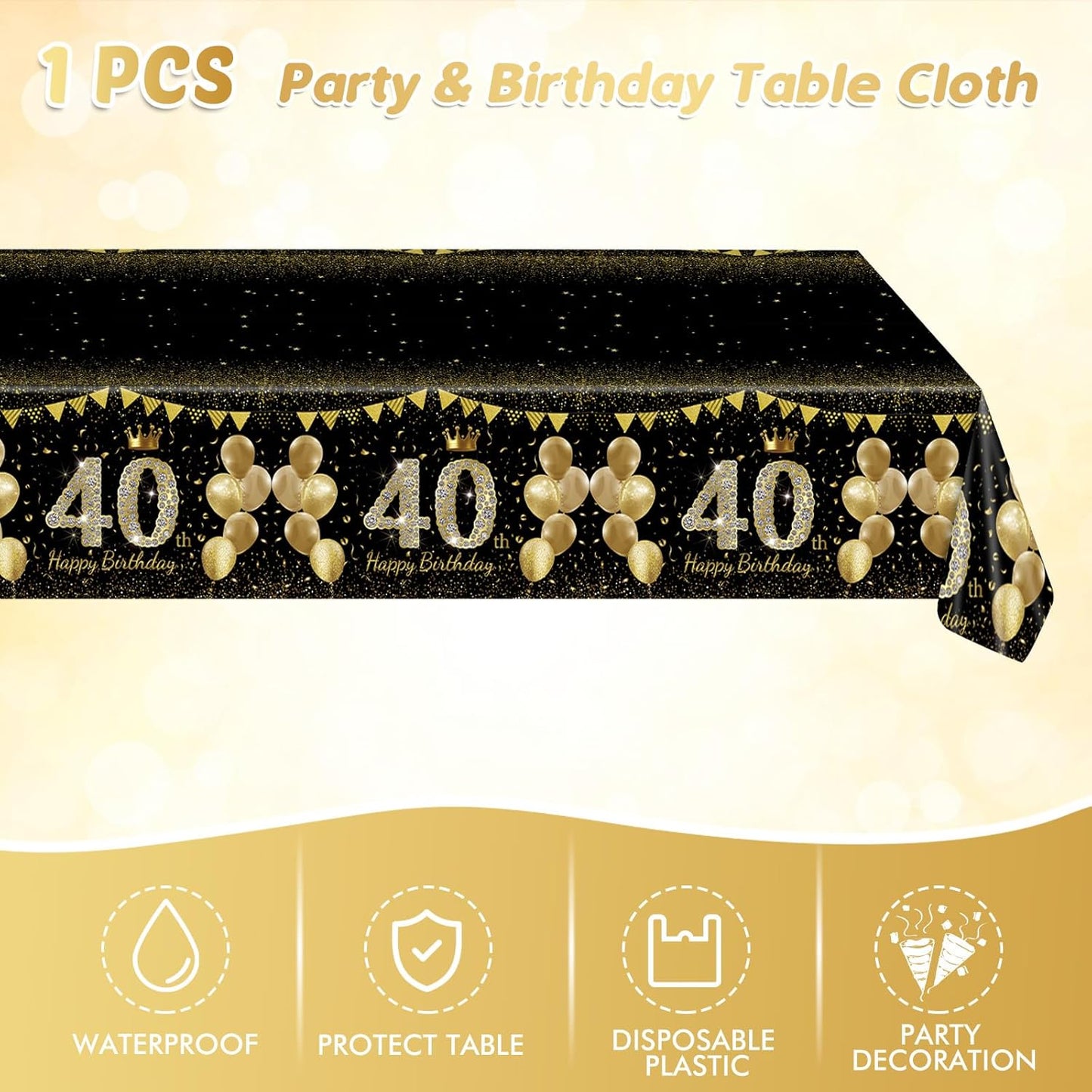 41Pcs 40th Birthday Decorations for Men Women, Black Gold 40 Year Old Birthday Party Supplies Include 20 Plates 20 Napkins and 1 Tablecloth, Black Gold 40 Aged Birth Party Tableware