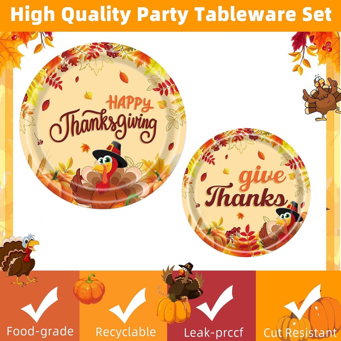 Fall Thanksgiving Party Supplies 96 Pcs Turkey Paper Plates, Napkins, Forks - Pumpkin Autumn Disposable Tableware Set for Harvest Party Decorations