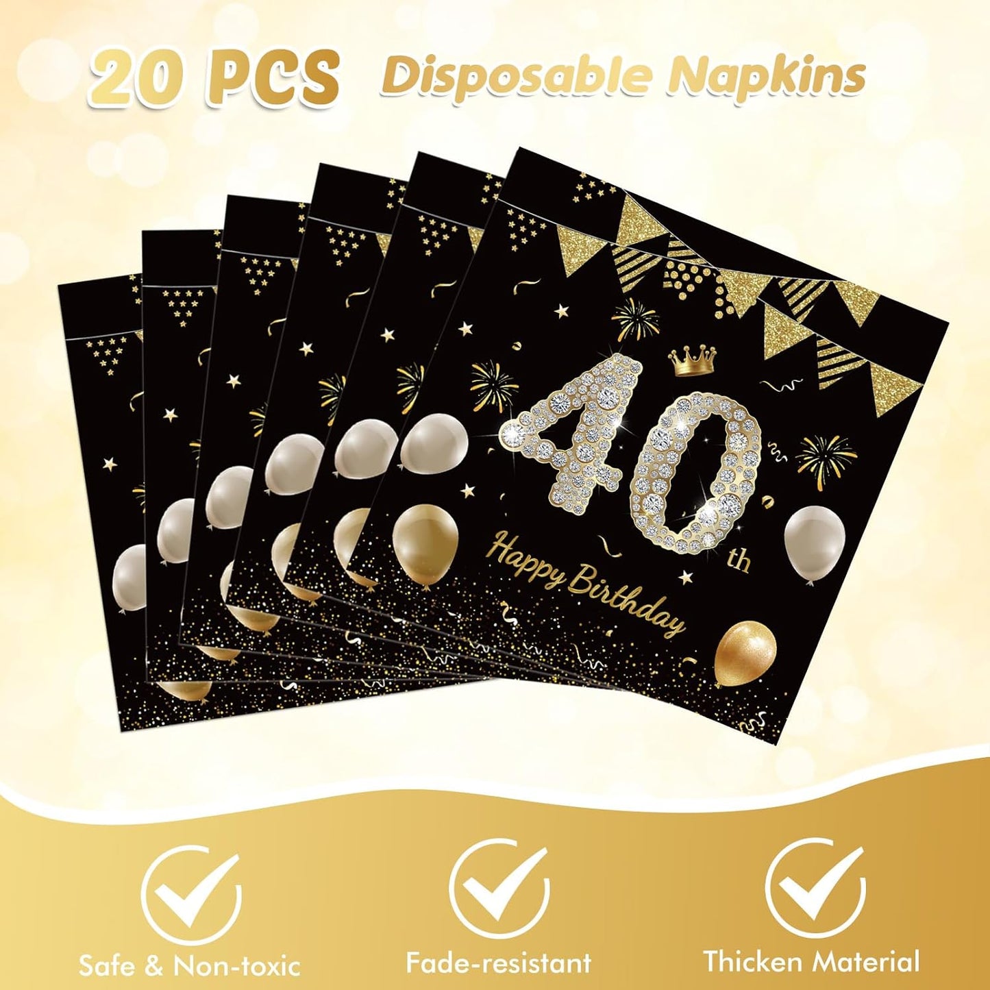 41Pcs 40th Birthday Decorations for Men Women, Black Gold 40 Year Old Birthday Party Supplies Include 20 Plates 20 Napkins and 1 Tablecloth, Black Gold 40 Aged Birth Party Tableware