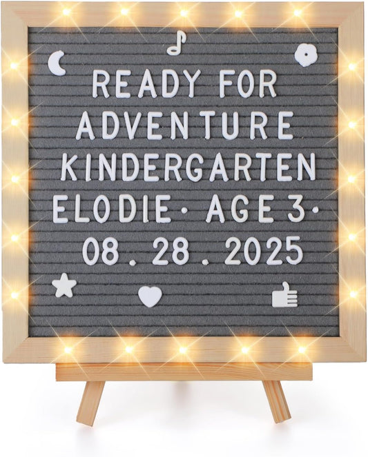 Light up Changeable Felt Letter Board Sign with LED Lights - Back to School Supplies, 10×10in Message Board Wall Mounted with Tripod Stand 450 Letters for Dorm Decor, Grey