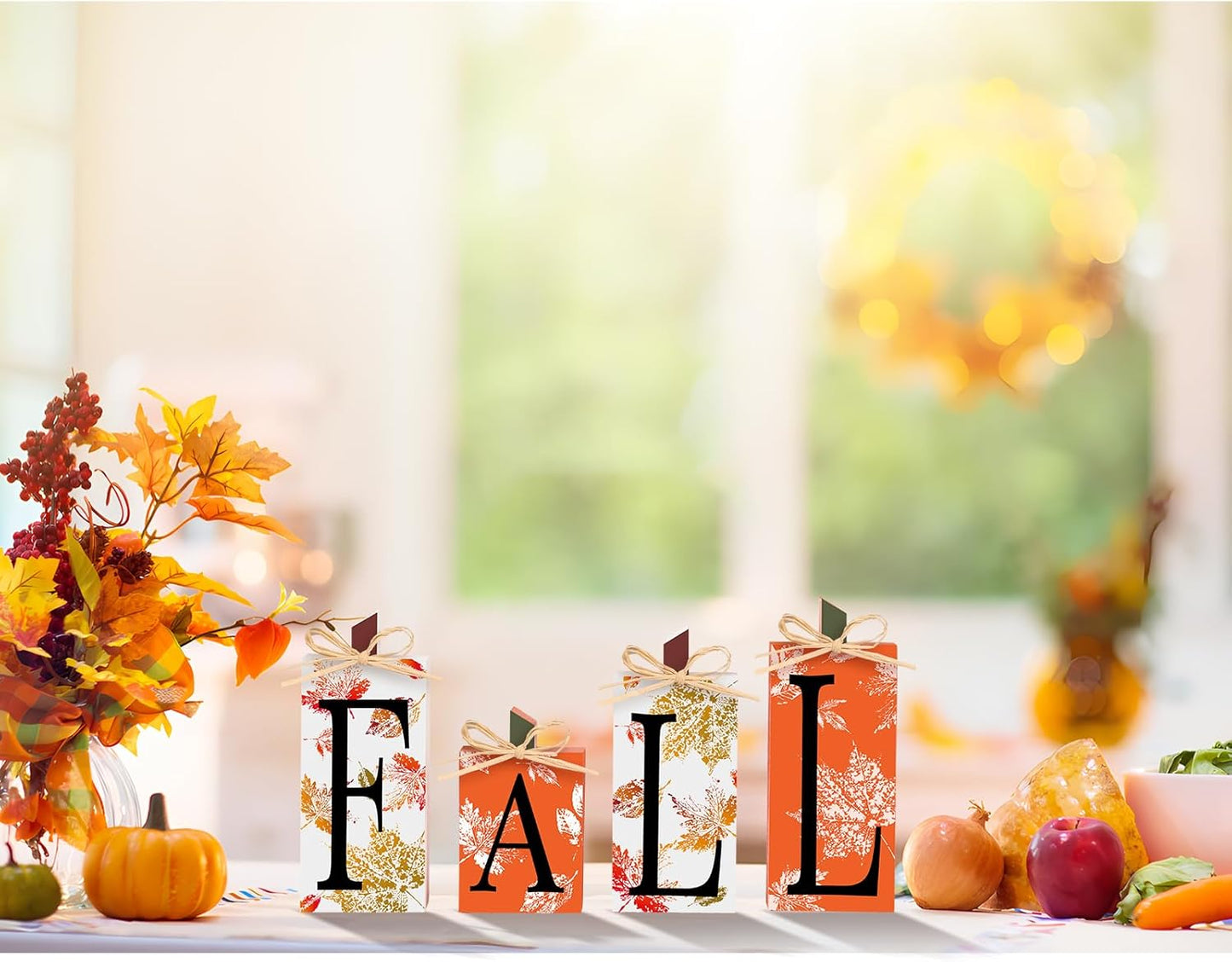 Super Holiday Fall Decor, 4 PCS Autumn Wood Sign Include Fall Lettered Block Tabletop Decorations, for Farmhouse Harvest Thanksgiving Home Office Indoor Party Decor.