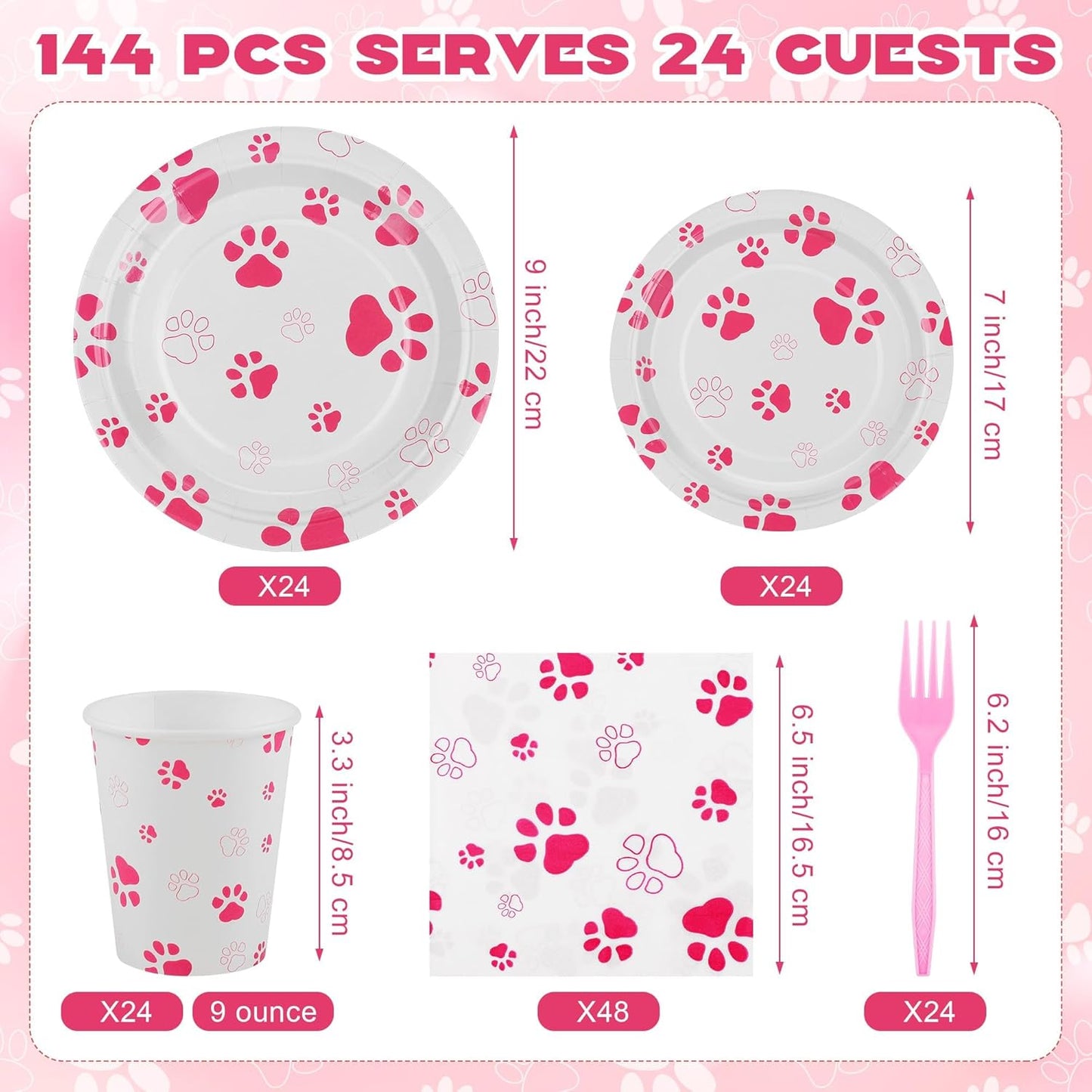 144 Pieces Pink Paw Print Party Tableware Sets Including Disposable Plates Napkins Cups Forks Serves 24 for Dog Puppy Theme Party Supplies