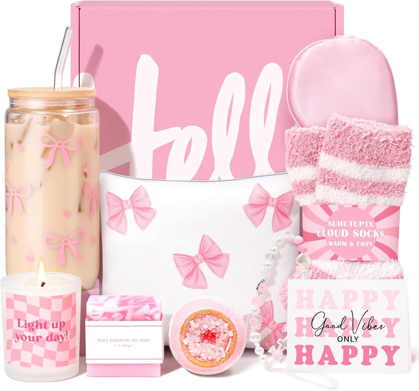 Gift Baskets for Women, 9pcs Unique Happy Birthday Gifts for Women, Best Christmas Ideas Box w/Coquette Bow Aesthetic Cup for Her Teen Girl Sister Friend Friendship Sweet 16th 18th 21st Bday