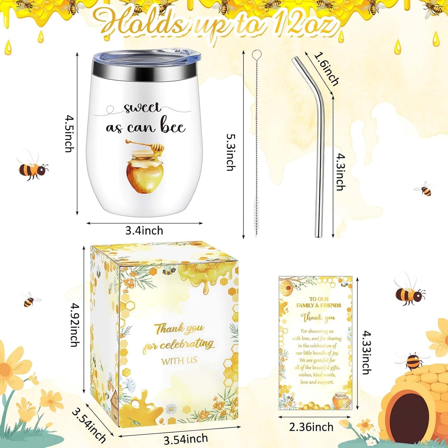 Hoolerry 6 Set Baby Shower Game Prizes for Guests Winners 12 oz Insulated Stainless Steel Tumbler Cup with Lids, Straws, Cleaning Brush, Cards & Boxes Return Gifts(Yellow,Bee Honey)