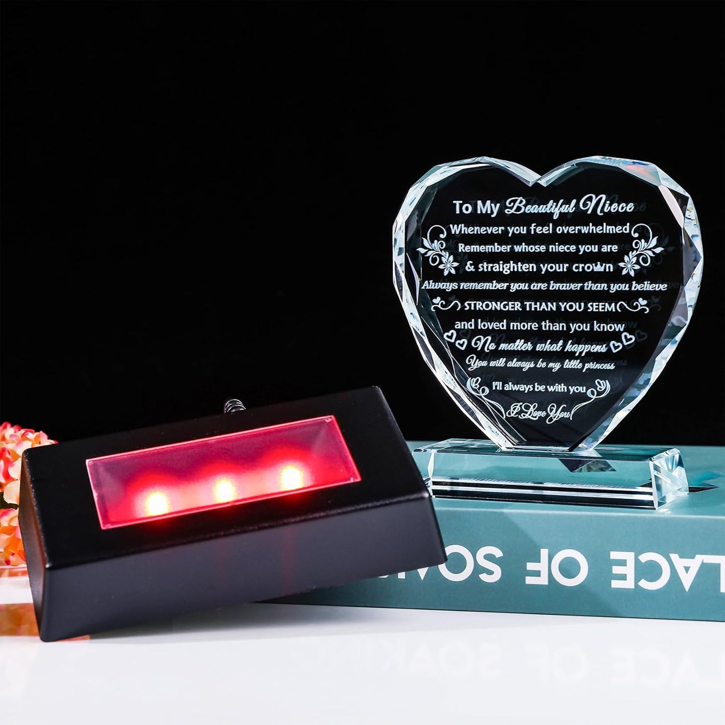 YWHL Niece Gifts from Auntie Uncle Inspirational Birthday Graduation Gifts for Niece Crystal heart keepsake with Light Base to My Niece Gifts Christmas Valentine Day Mothers Day Present from Aunt
