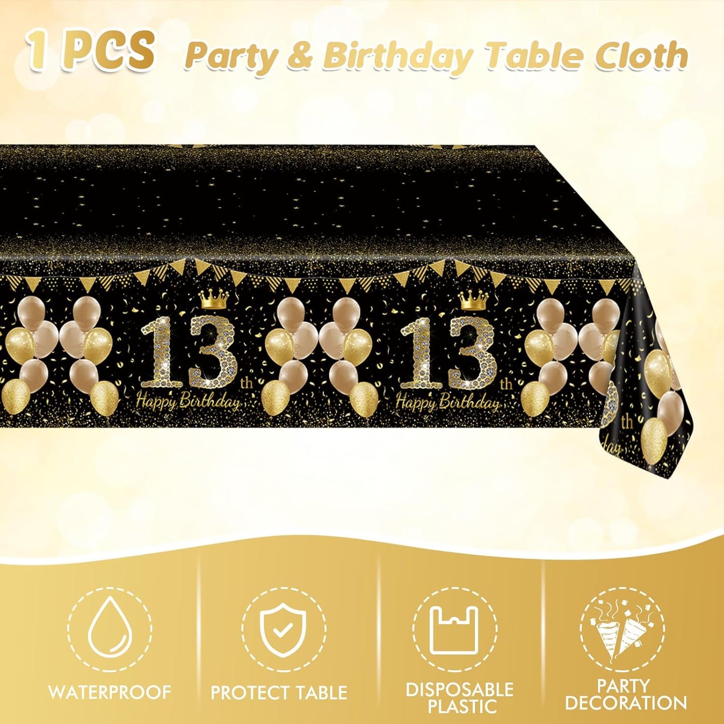 41Pcs 13th Birthday Decorations for Boy Girls, Black Gold 13 Year Old Tableware Decorations include Happy Birthday Plates Napkins Tablecloth for Official Teenager 13th Birth Party Favor
