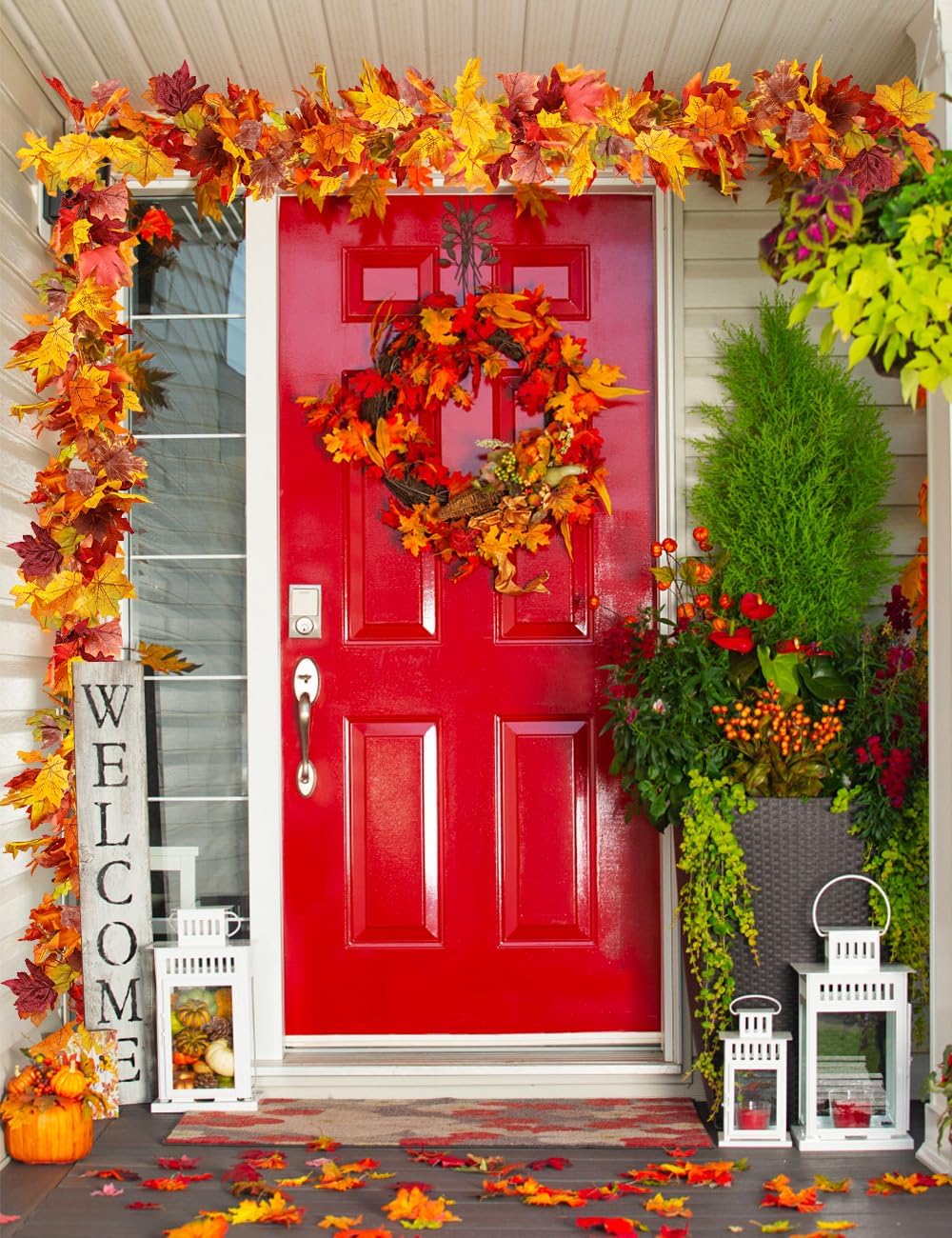 wohohoho 4 Packs Fall Garland Maple Leaf, 5.9Ft/Pieces Fall Leaves Garland 7 Maple Leaves Hanging Vines for Autumn Decor Halloween Thanksgiving Christmas Indoor Outdoor Decorations