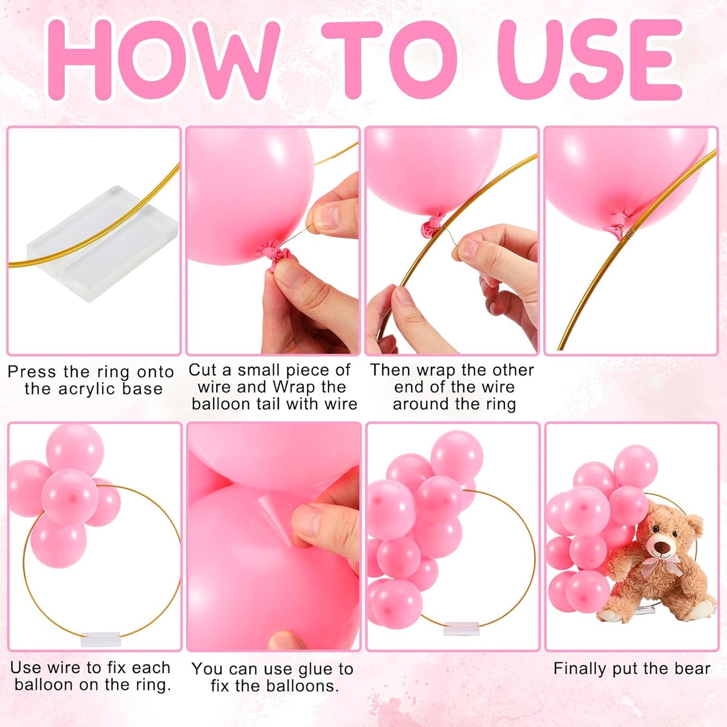 6 Sets Bear Baby Shower Table Centerpieces Bear Stuffed Animals 12 Inch Metal Floral Hoop with Stand Balloon for Wedding Baby Shower Birthday Flowers Table Decorations(Pink)