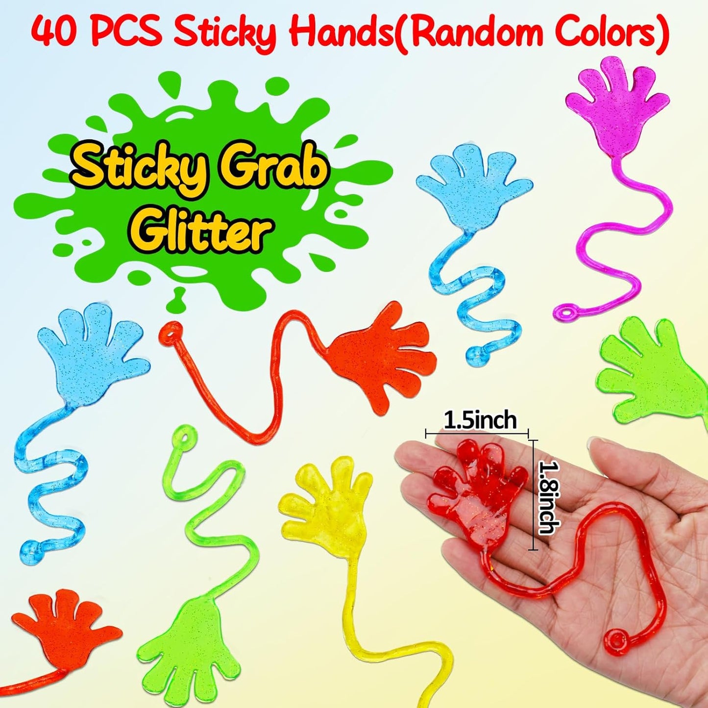 40PCS Glitter Sticky Hand Party Favors for Kids Birthday Supplies Halloween Goodie Bag Stuffers Classroom Treasure Box Carnival Prizes Bulk Treat Trinkets Pinata Fillers Mini Stuff Stretchy Toys