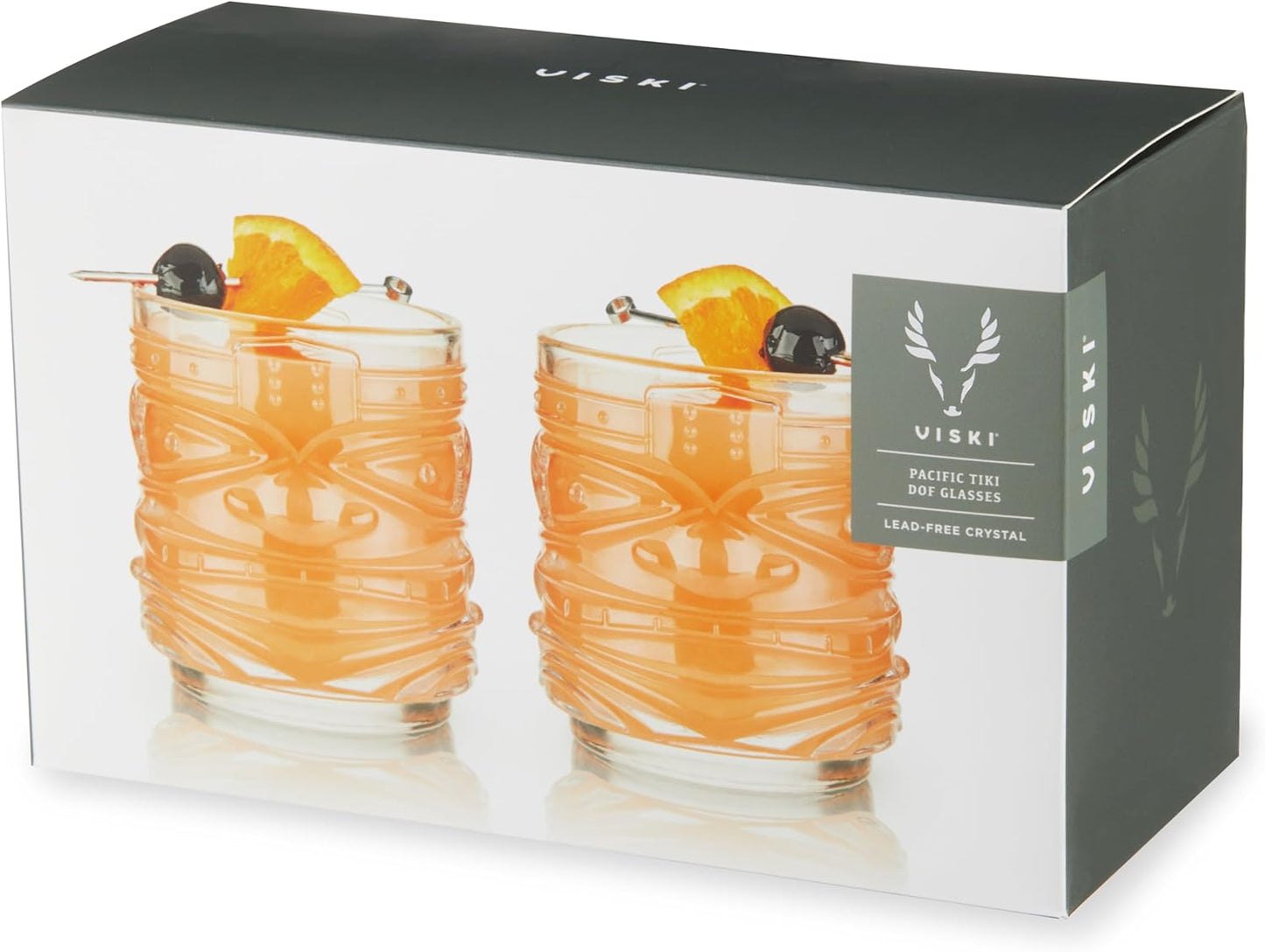 Viski Pacific Tiki Glasses Stackable Lowball DOF Tumblers, Tropical Cocktail and Bar Gifts for Rum and Whiskey, 12 Oz, Set of 2