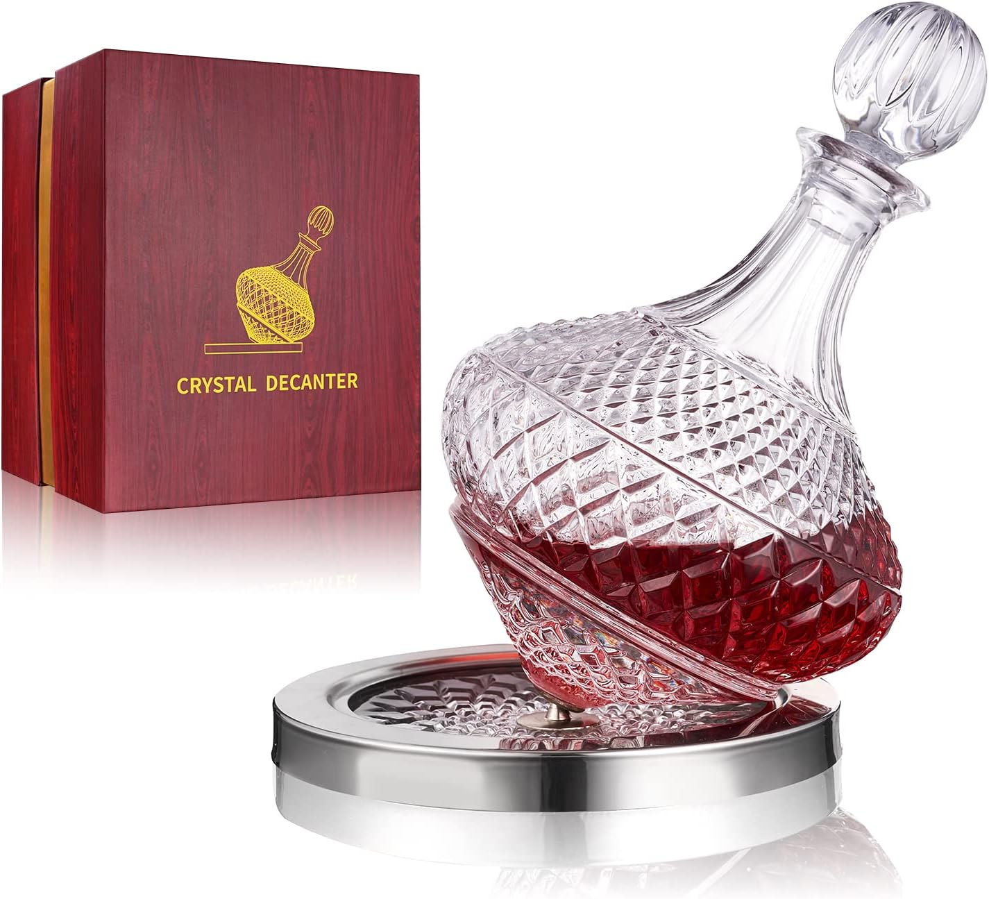 spinning wine decanter with stopper, 50 oz red wine decanter crystal and gift box, for wedding gift, birthday, helovers'day, christmas day.