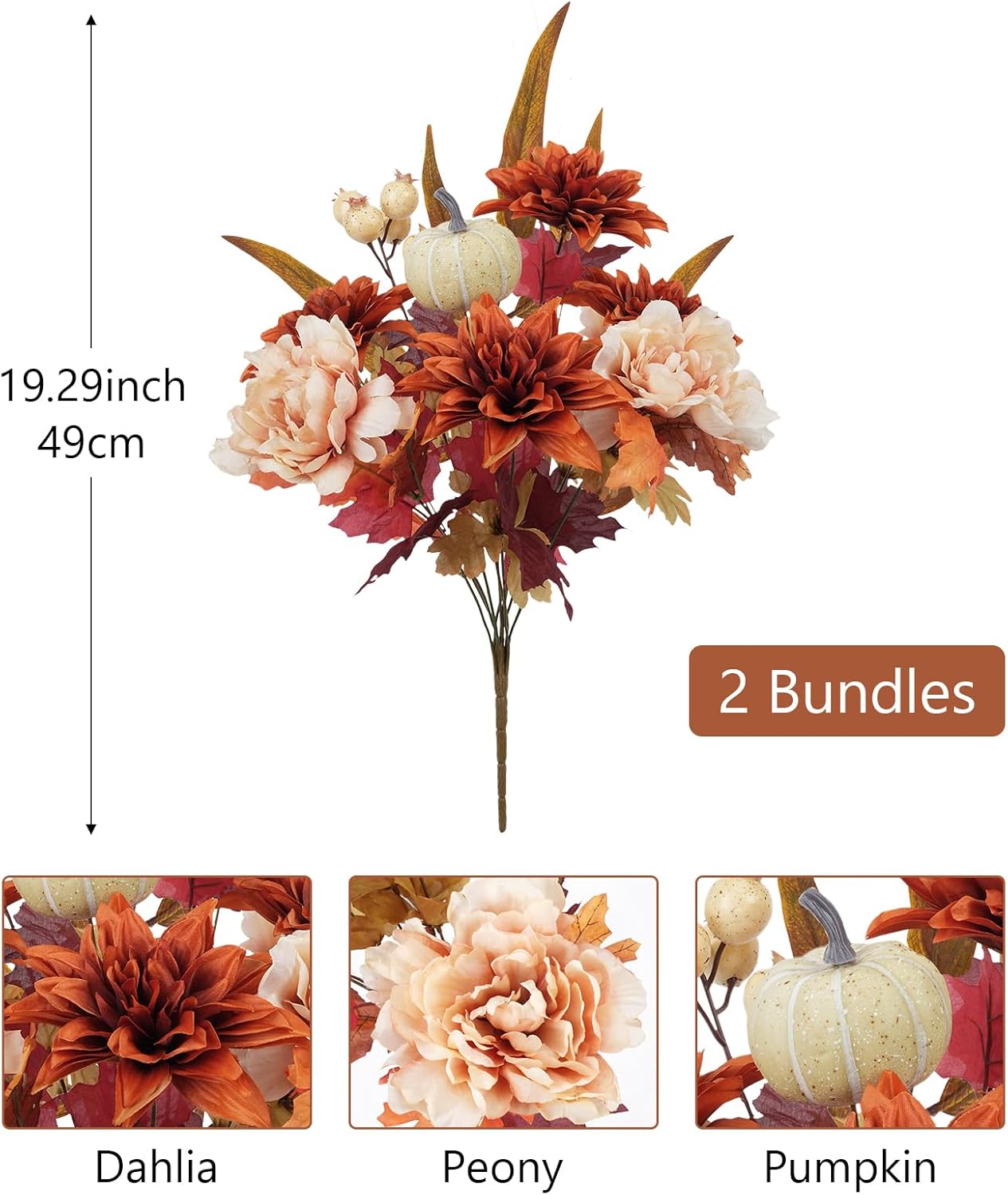 2 Bundles Fall Cemetery Flowers for Grave Fake Fall Flowers Mixed Bush Artificial Dahlia with Pumpkins Silk Floral Arrangement for Autumn Party Wedding Home Thanksgiving Decor (19.29")