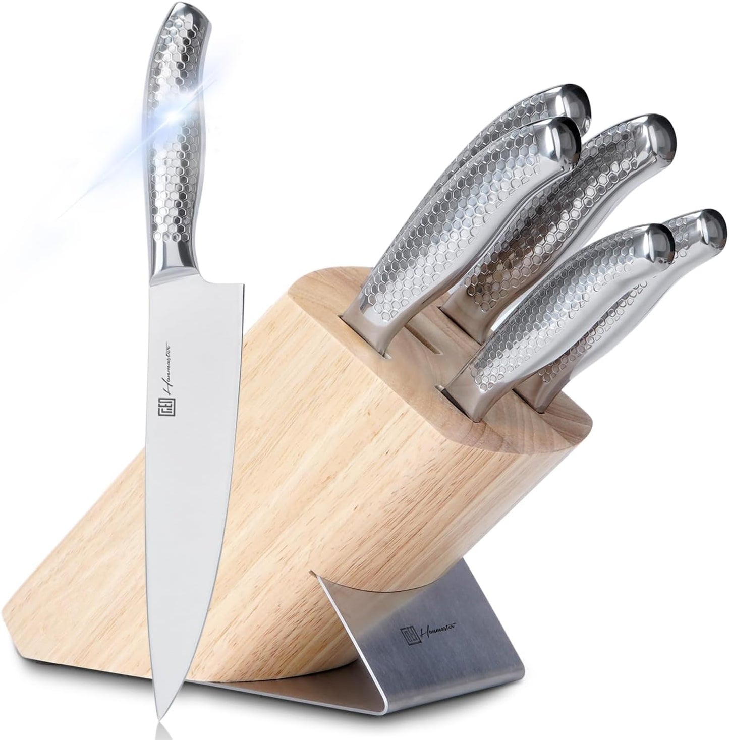 Kitchen Knife Set, One-piece Stainless Steel Knife Sets for Kitchen with Block, 6 Pieces Solid Natural Wood Knife Block Set, Box Packed, Silver.