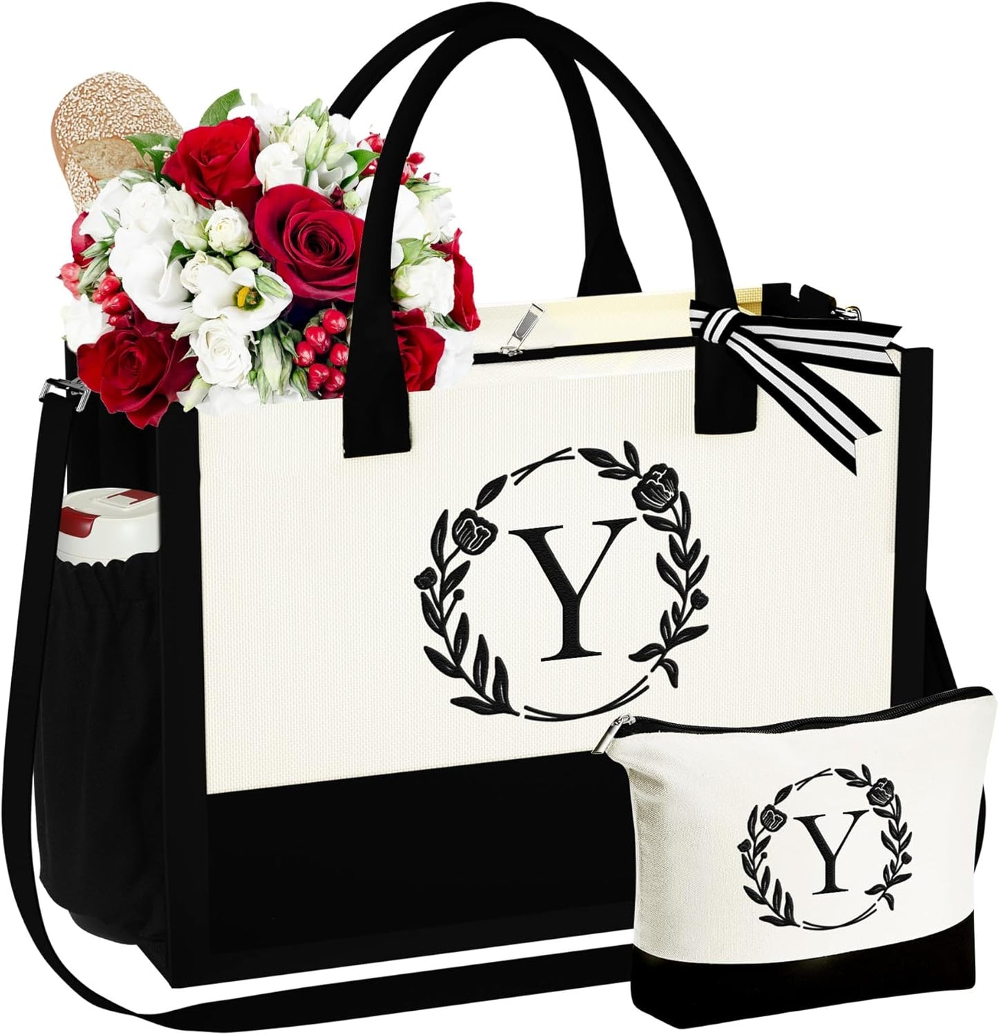 YOOLIFE Gifts for Women - Initial Canvas Tote Bag Makeup Bag, Personalized Gifts for Women Mom Wife Teacher Friend Birthday