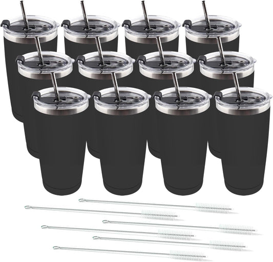 Amtidy 12 Pack 20oz Stainless Steel Tumbler with Lid, Powder Coated Vacuum Insulated Tumbler Cup, With straw and cleaning brushDouble Wall Coffee Tumbler, Powder Coated Travel Mug