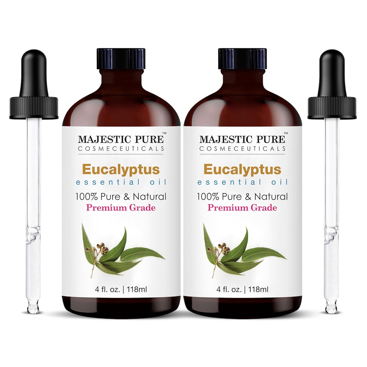 Majestic Pure Eucalyptus Essential Oil with Glass Dropper - 4 Fl Oz Pack of 2-100% Pure and Natural Eucalyptus Oil - Premium Grade Essential Oils for Diffuser, Aromatherapy, Soap and Candle Making