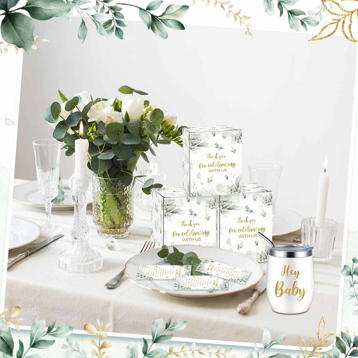 Hoolerry 6 Set Baby Shower Game Prizes for Guests Winners 12 oz Insulated Stainless Steel Tumbler Cup with Lids, Straws, Cleaning Brush, Cards & Boxes Return Gifts(White Green,Greenery)