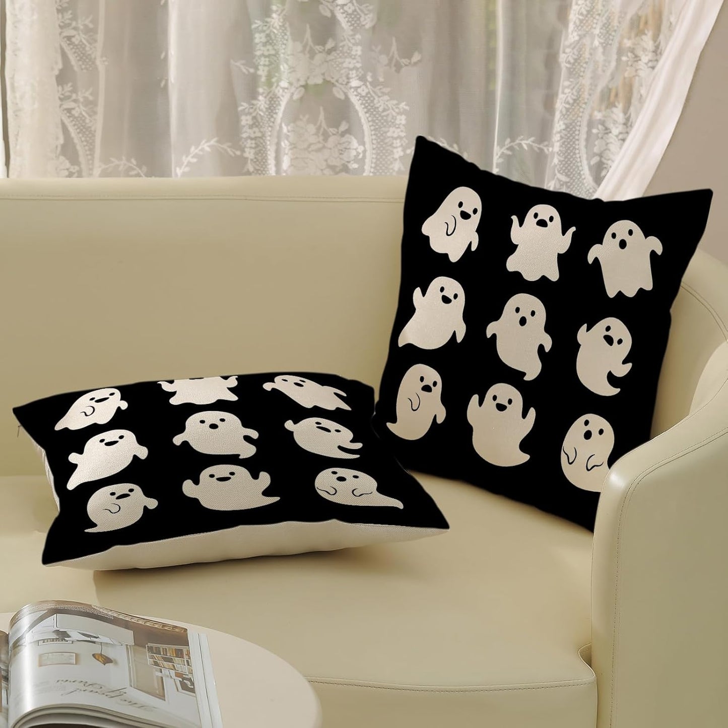 Halloween Pillow Covers 18x18 Pack of 2 Cute Black Beige Ghost Throw Pillow Covers Outdoor Decor,Autumn Holiday Decoration Ghost Pillowcase Linen Decorative Cushion Case for Home Sofa Couch