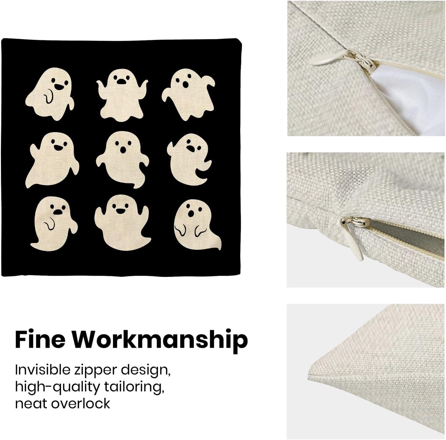 Halloween Pillow Covers 18x18 Pack of 2 Cute Black Beige Ghost Throw Pillow Covers Outdoor Decor,Autumn Holiday Decoration Ghost Pillowcase Linen Decorative Cushion Case for Home Sofa Couch