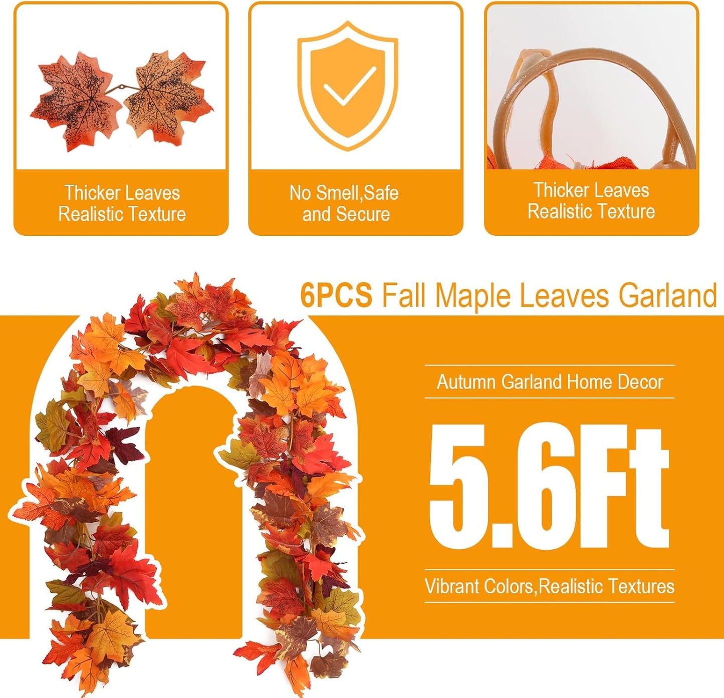 Joyhalo 6 Pack Fall Garland, Maple Leaves Garland Indoor Outdoor Fall Decor,Hanging Maple Leaves for Mantle,Door Frame,Fireplace and Thanksgiving Decor