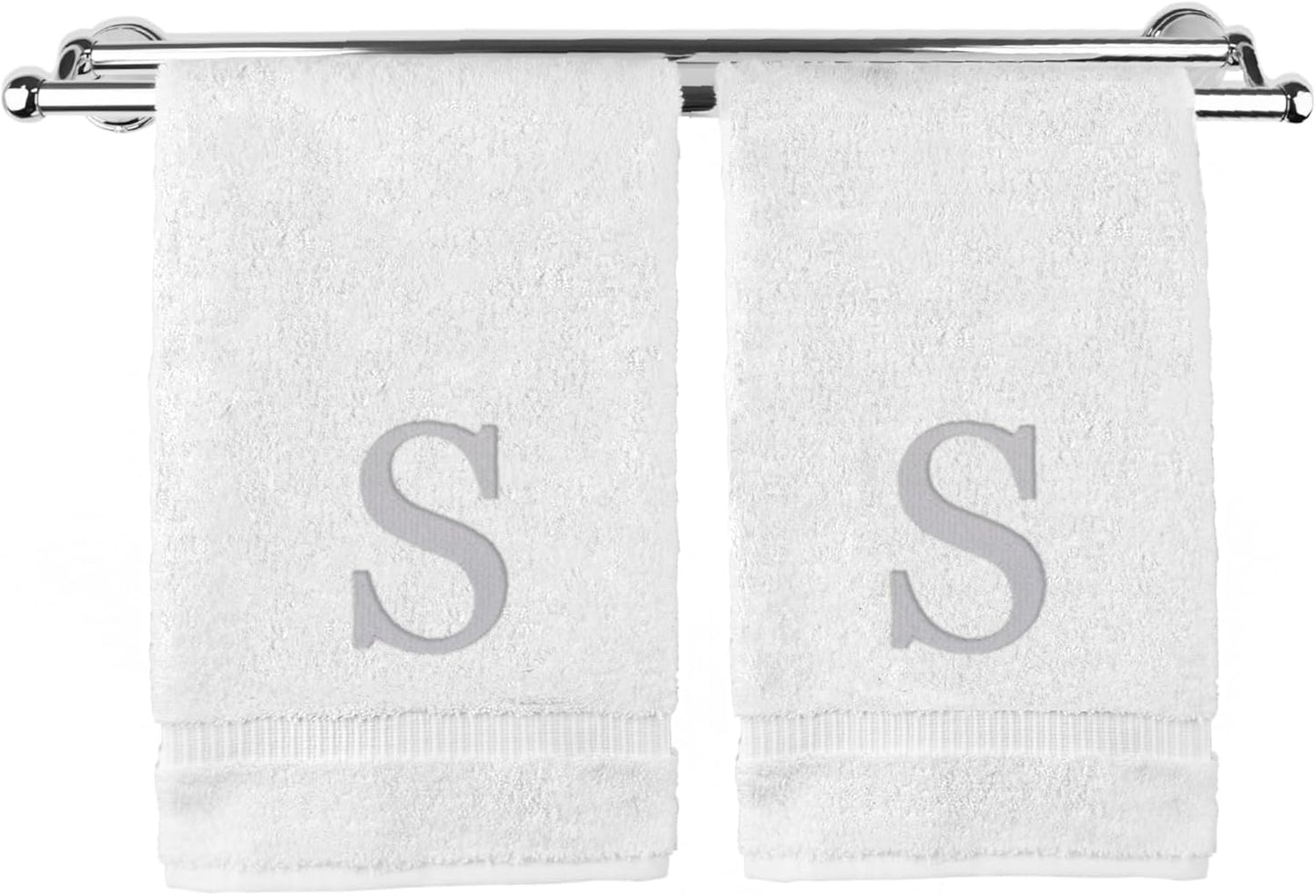 Monogrammed Hand Towel, Personalized Gift, Set of 2- Silver Block Letter Embroidered Towel - Extra Absorbent 100% Turkish Cotton - Soft Terry Finish - Initial S White