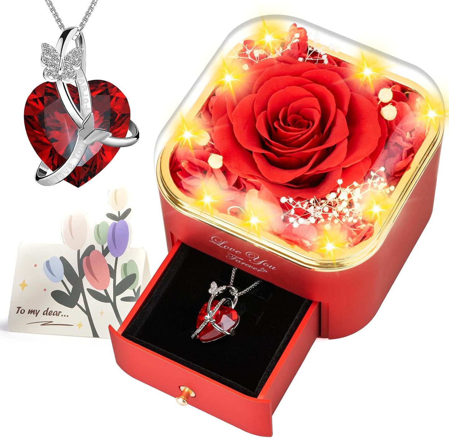 Preserved Red Real Rose with Necklace Jewelry Box -Eternal Flowers Rose Gifts for Grandma Wife Girlfriend on Valentines Mothers Day Christmas Birthday Anniversary Romantic Gifts for Her