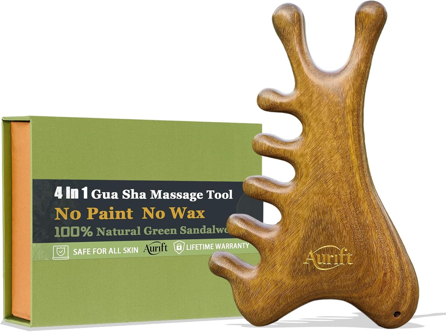 4-in-1 Gua Sha Tool for Face & Body, Natural Green Sandalwood โ Lymphatic Drainage, Jaw Lifting & Nose Sculpting, Head Massage Comb for Stress Relief, Home Office Self Care Gifts for Mom Girl Friend