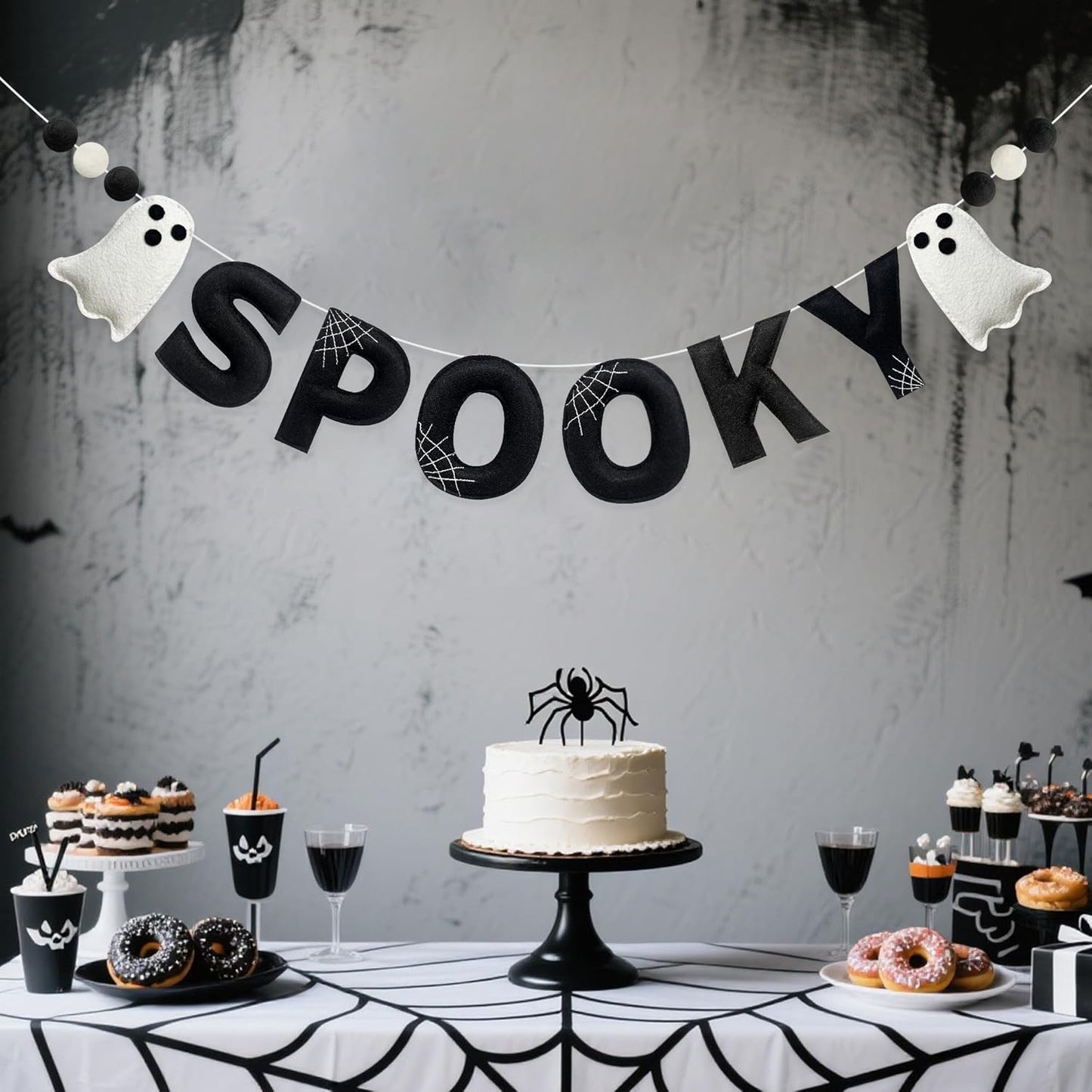 Halloween Decorations Pre-Strung Felt Spooky Sign Spiderweb Ghost Banner Wool Felt Ball Garland for Spooky Halloween Ghost Nursery Home Wall Decor Baby Shower Birthday Party Decorations Supplies