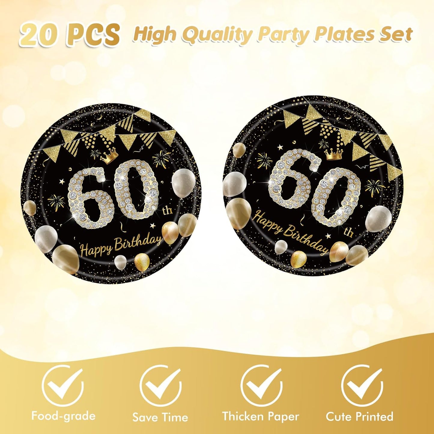 41Pcs 60th Birthday Decorations for Men Women, Black Gold 60 Year Old Birthday Party Supplies Include 20 Plates 20 Napkins and 1 Tablecloth, Black Gold 60 Aged Birth Party Tableware