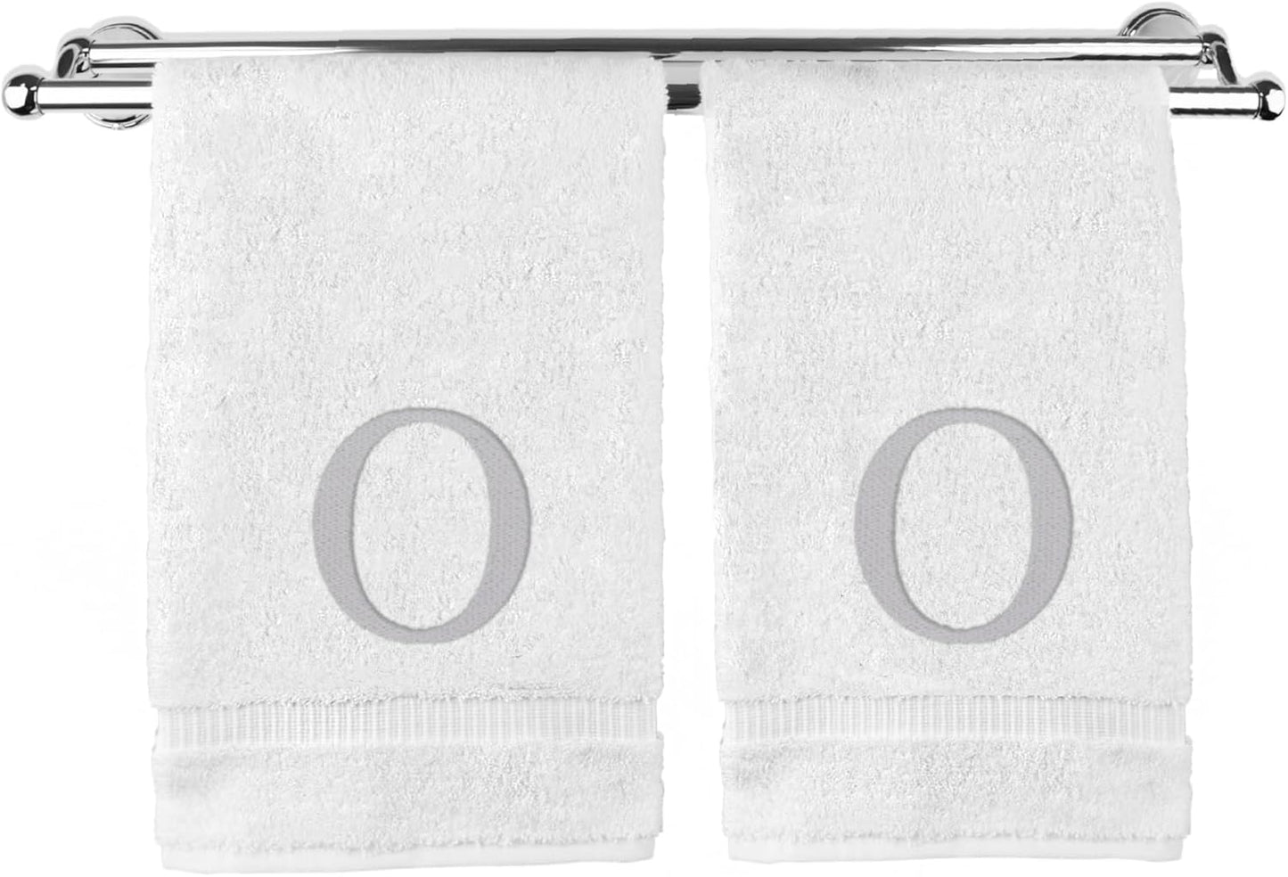 Monogrammed Hand Towel, Personalized Gift, Set of 2- Silver Block Letter Embroidered Towel - Extra Absorbent 100% Turkish Cotton - Soft Terry Finish - Initial O White
