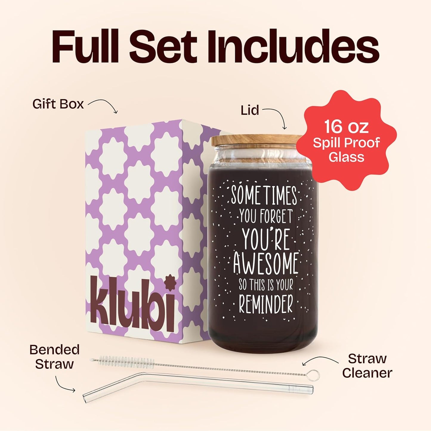 KLUBI Birthday Gifts for Women Who Have Everything - Sometimes You Forget You Are Awesome Gift for Her Birthday Presents for Mom From Daughter 16oz Glass Mug Present Baskets for Fun Teacher