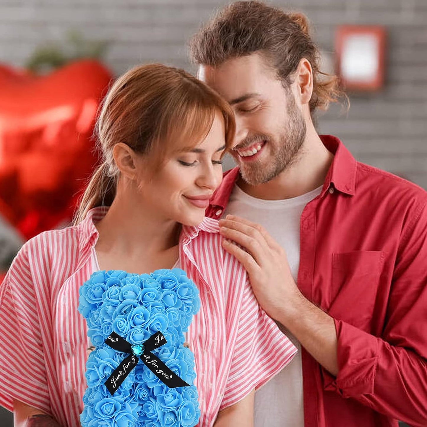 Artificial Rose Flower Bear,Perfect Romantic Gift for Her, Valentine's Mother's Day, Christmas, Birthday,Thanksgiving Party Anniversary Girl Friend Wife with Heart-Shaped Diamond Light Blue.