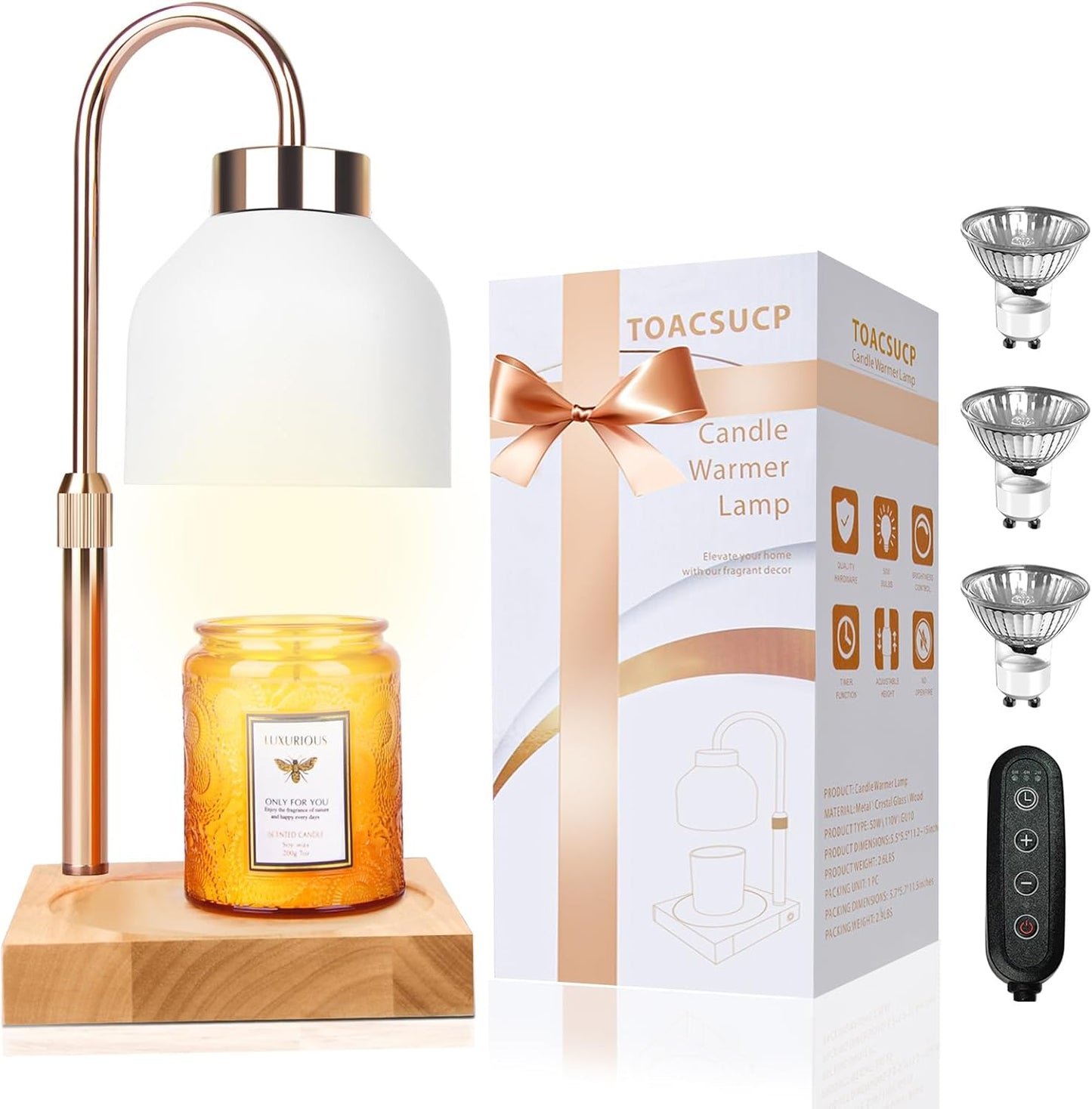 Candle Warmer Lamp with 3 Bulbs, Adjustable Height Dimmable Candle Warmer with Timer, Compatible with Large Jar Candles, Candle Lamp with Charming Gift Box Ribbon for Her/Him(White)