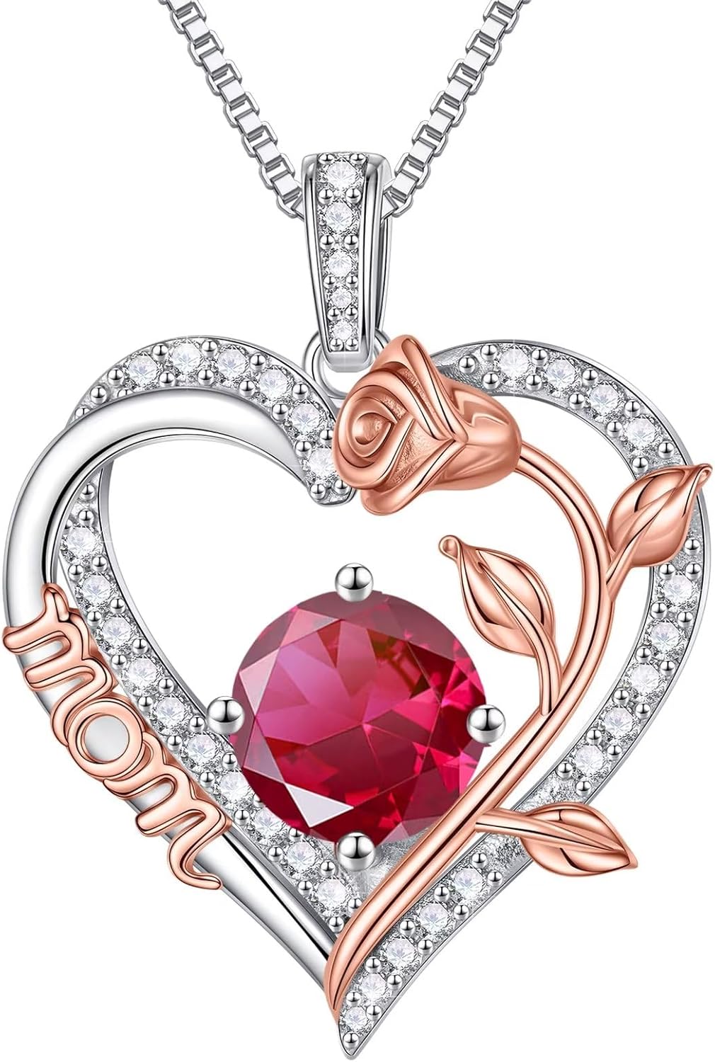 Iefil Gifts for Mom - 925 Sterling Silver Rose Round Birthstone Necklace Christmas Birthday Gifts Jewelry for Her Heart Pendant Necklace for Women Bonus Mom Mother in Law