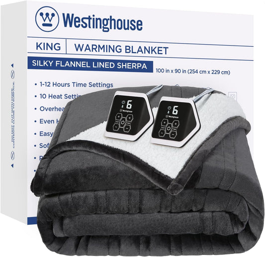 Westinghouse Heated Blanket King Size, Soft Flannel to Sherpa Electric Blanket with 10 Heating Levels, 1-12 Hours Auto Shut Off, Fast Heating, Machine Washable, 100x90 Inch, Charcoal