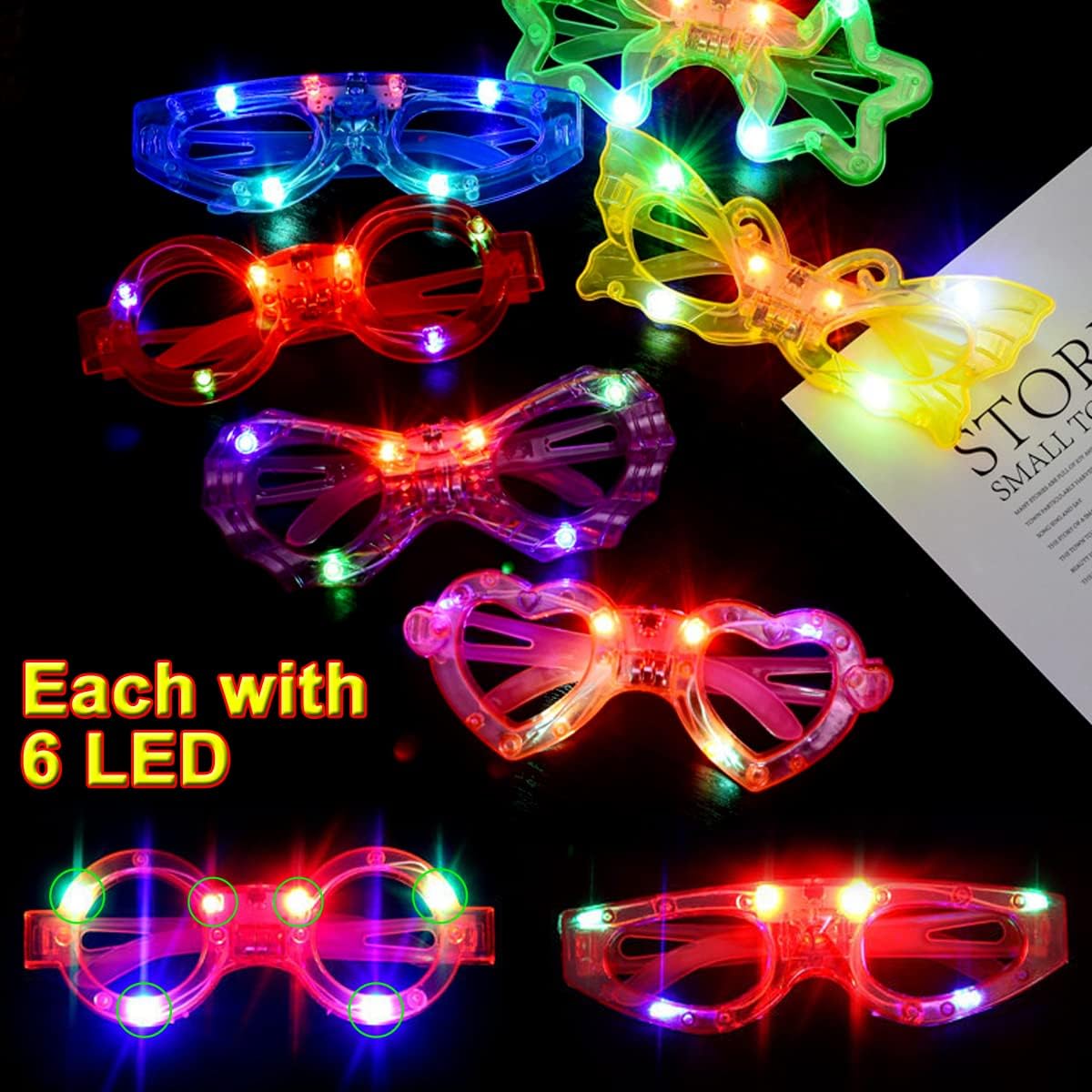 72 Packs LED Glasses for kids Glow in the dark Party Supplies Favor,6 LED 6 Shapes Glasses Flashing Plastic Light up Glass Toys Bulk 3 Replaceable Battery fit Halloween Christmas Thanksgiving