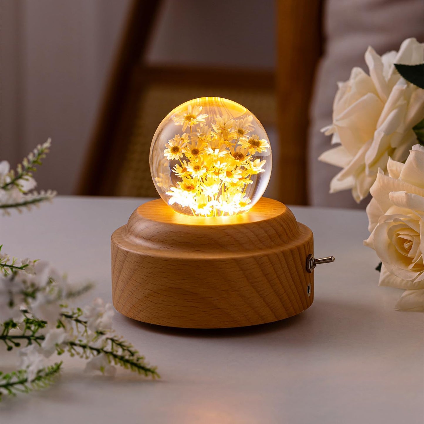1 Pieces 6cm Diameter Yellow Glass Little Daisy Ball Night Light Music Box Wood You are My Sunshine Mechanism Flower Decor Romantic Birthday Valentine's Day for Girlfriend Her Women