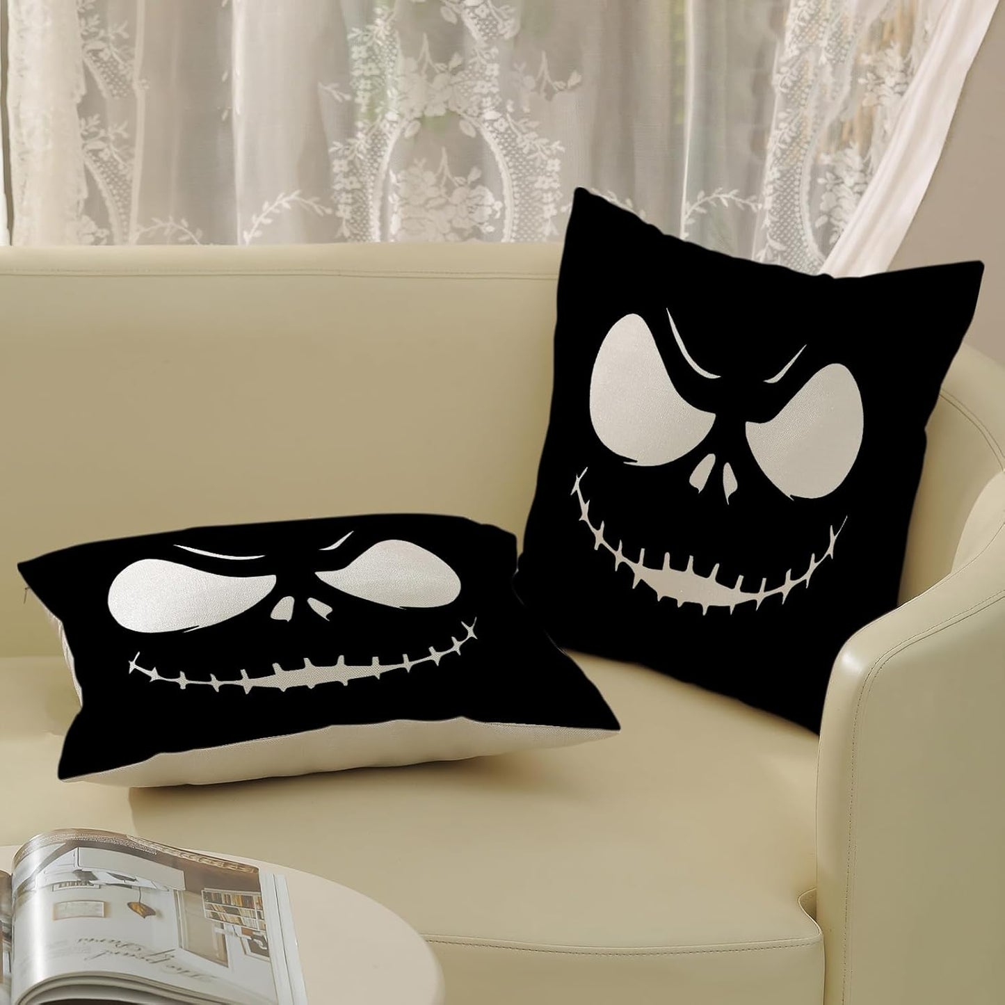 Halloween Pillow Covers 18x18 inches Set of 2 Spooky Black Throw Pillow Covers Outdoor Autumn Halloween Decoration Black Pillowcase Farmhouse Decorative Linen Cushion Case for Home Sofa Couch