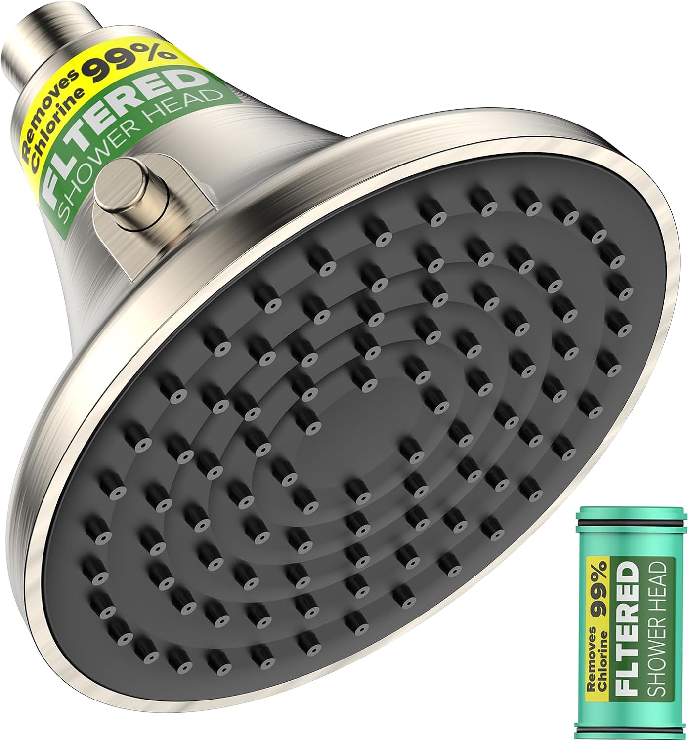 Filtered Shower Head Brushed Nickel - High Pressure Rain Shower Heads with Filter for Hard Water -Water Softener Filters Beads to Remove Chlorine, 1-Min Install, One-Button Filter Replacement