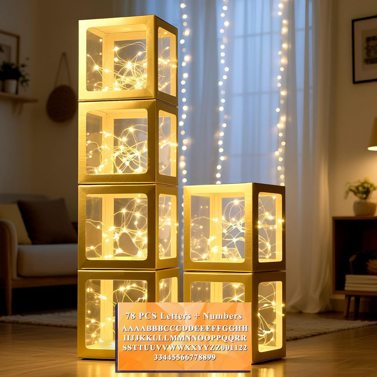 Ledido Transparent Balloon Boxes, Clear Balloon Boxes with 6 Pcs String Lights and 78 Letters for Baby Shower Gender Reveal Birthday Party Anniversary Bridal Wedding Grad Decor - 6 Gold Boxes