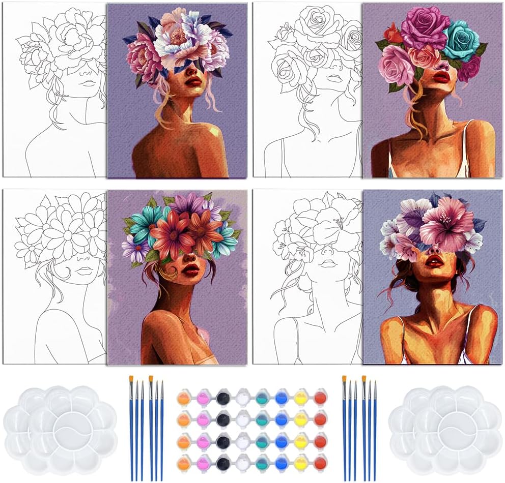 4 Pack Pre Drawn Canvas to Paint for Adults Valentine's Day Sip and Paint Kit Party Supplies Canvas Painting Kit DIY Painting 8 x 10 Inch Flowers Girl Art for Ladies Night Family Party