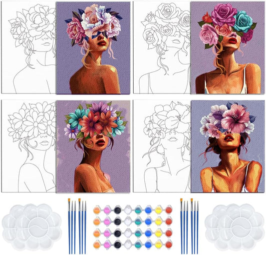 4 Pack Pre Drawn Canvas to Paint for Adults Valentine's Day Sip and Paint Kit Party Supplies Canvas Painting Kit DIY Painting 8 x 10 Inch Flowers Girl Art for Ladies Night Family Party