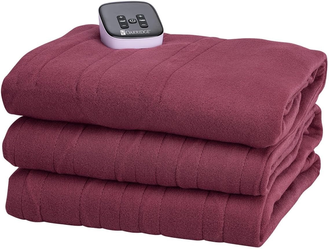 OakRidge Digital Comfort Fleece Heated Full Blanket - Burgundy, 100% Polyester, Machine Washable, Oeko-TEX Certified, Perfect for Warm Nights, Controlled Heat Settings