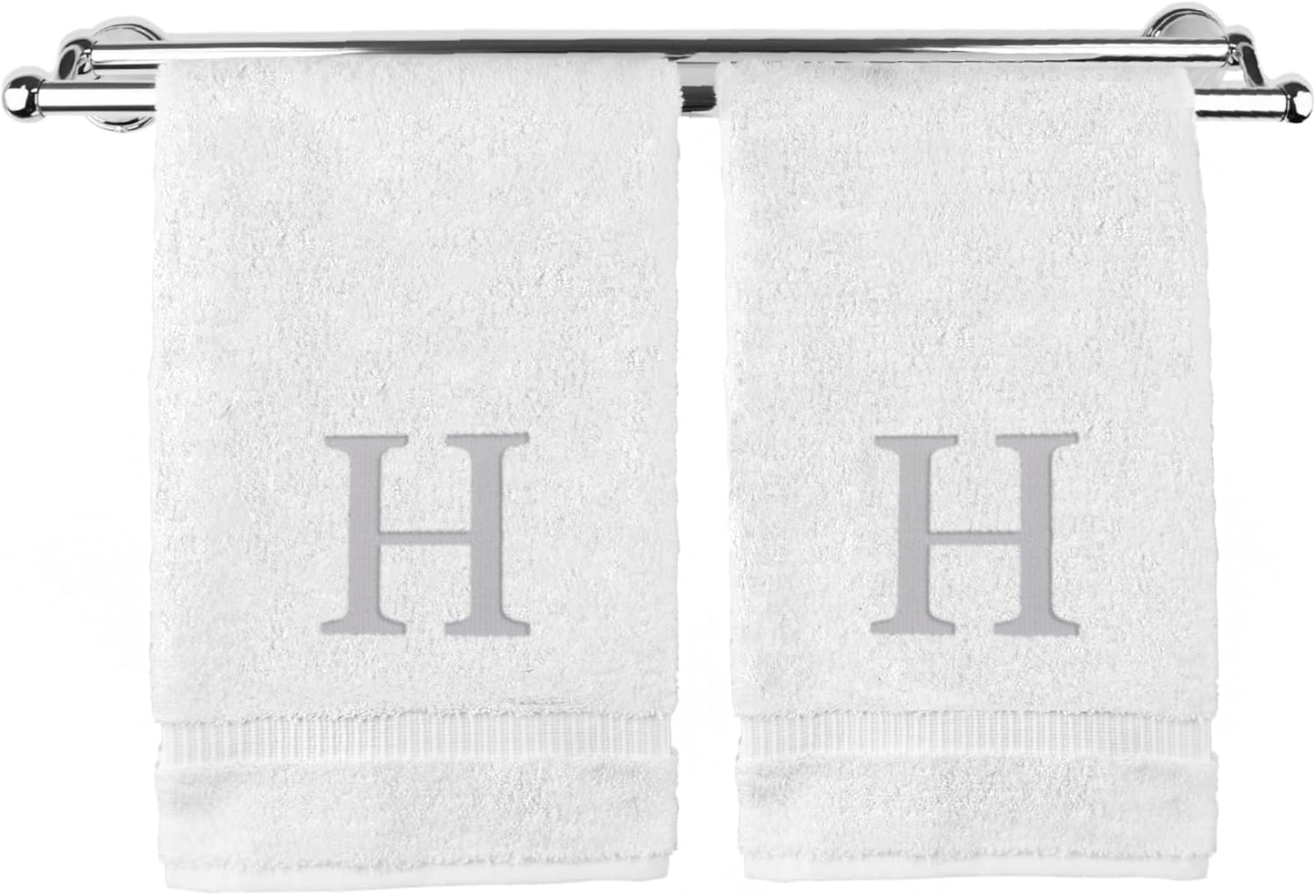 Monogrammed Hand Towel, Personalized Gift, Set of 2- Silver Block Letter Embroidered Towel - Extra Absorbent 100% Turkish Cotton - Soft Terry Finish - Initial H White